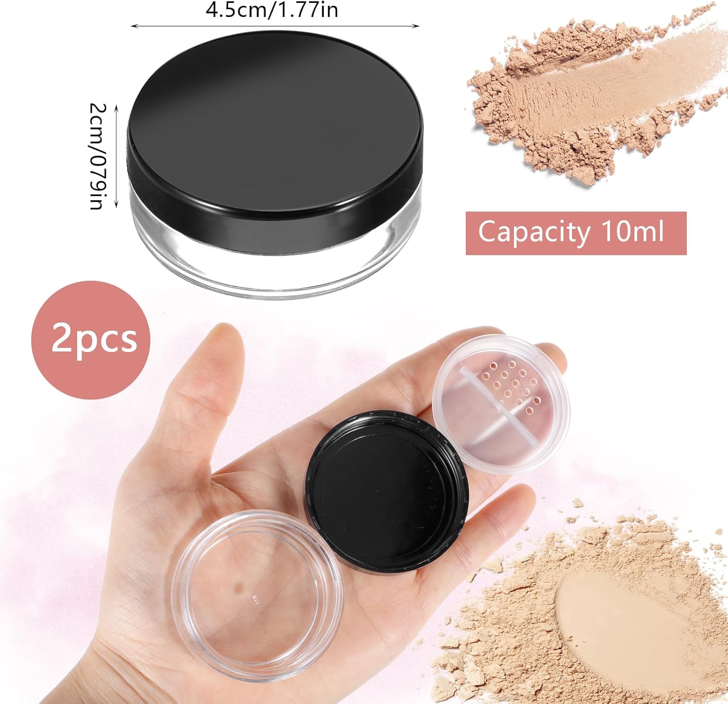 2pcs 10ml/0.34oz Plastic Empty Travel Small Loose Powder Compact Refillable Loose Powder Containers Reusable No Leak Compact with Rotatable Sifter and Black Screw Lid