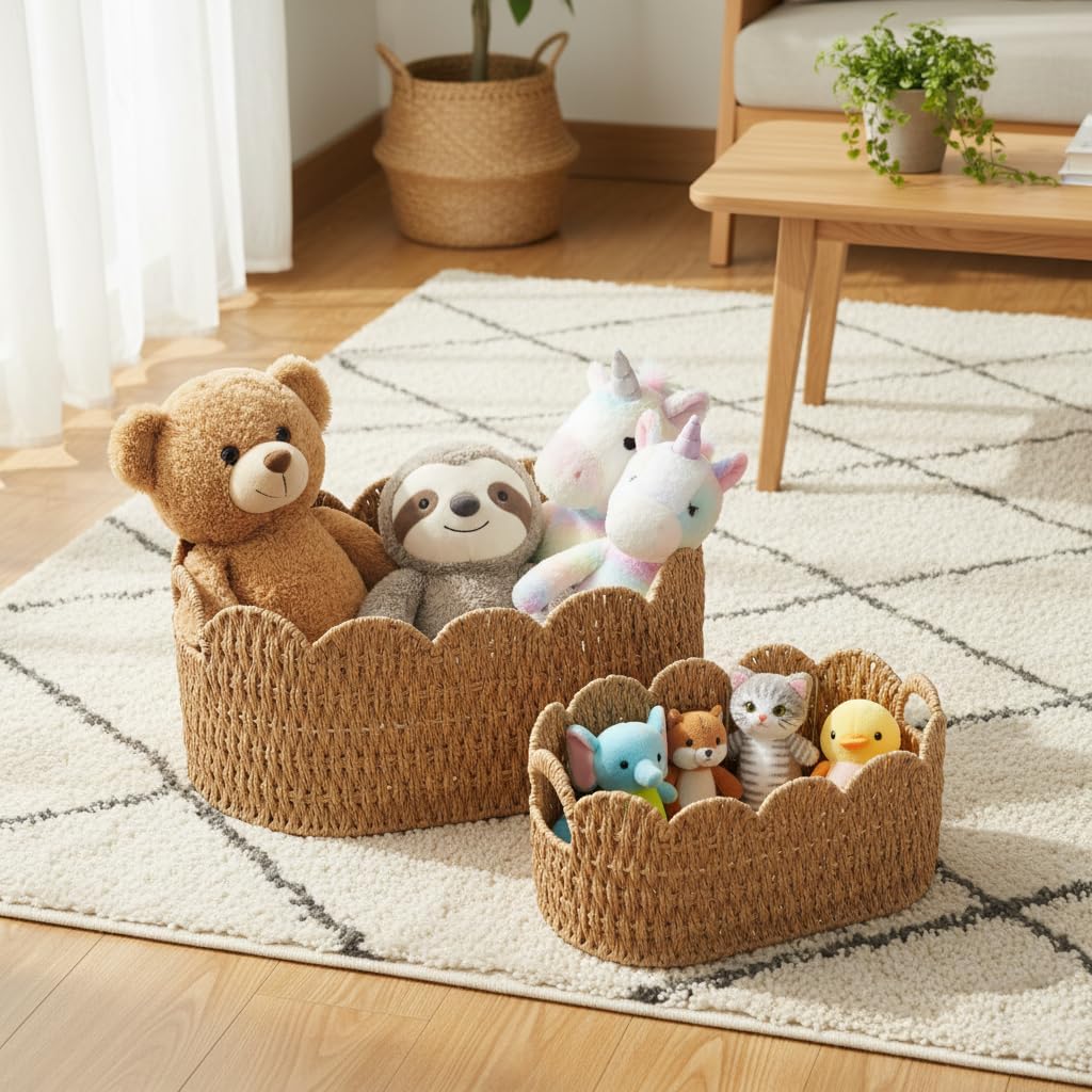 Paper Rope Scalloped Basket Set of 2,Woven Storage Baskets for Shelves,Laundry,Towels,Clothes,Books,Toys,Cute Decor Baskets for Organizing,Natural Color