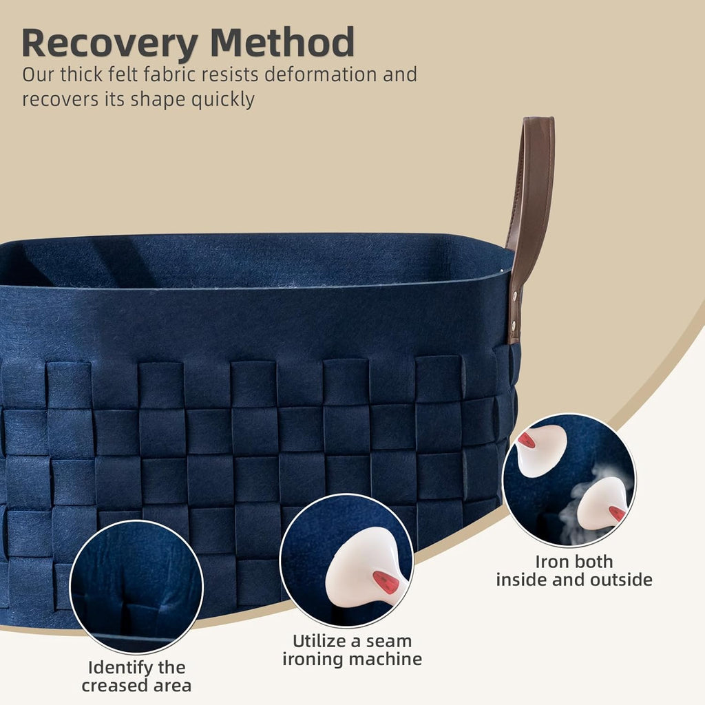 boldmonkey Blankets Basket 16.5 " x13 x13 , Extra Large Rectangular Laundry Hamper with Leather Handle, Soft Dog Toy Basket for Storage-Navy Blue