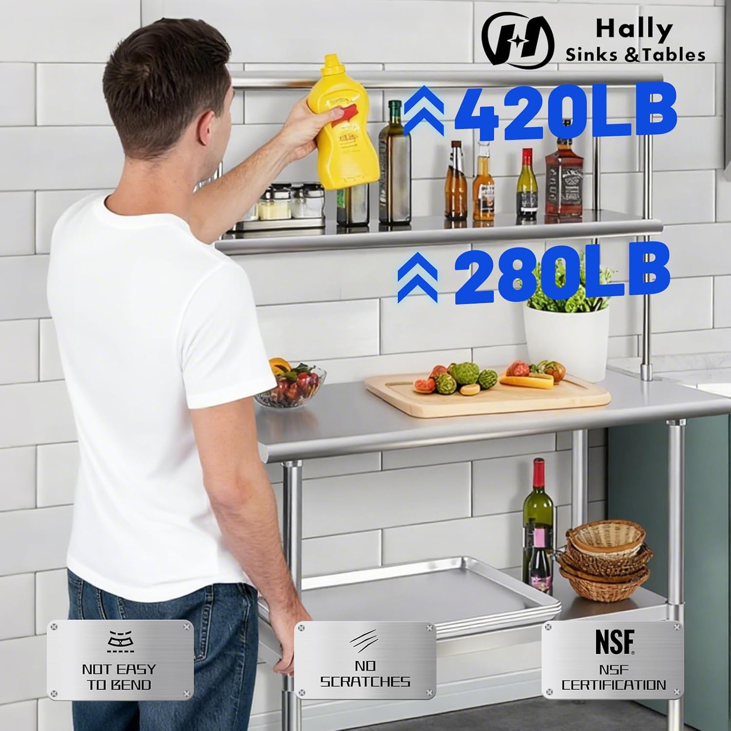 Hally Double Overshelf of Stainless Steel 12'' x 72'' Weight Capacity 420lb, Commercial 2 Tier Shelf for Prep & Work Table in Restaurant, Home or Kitchen