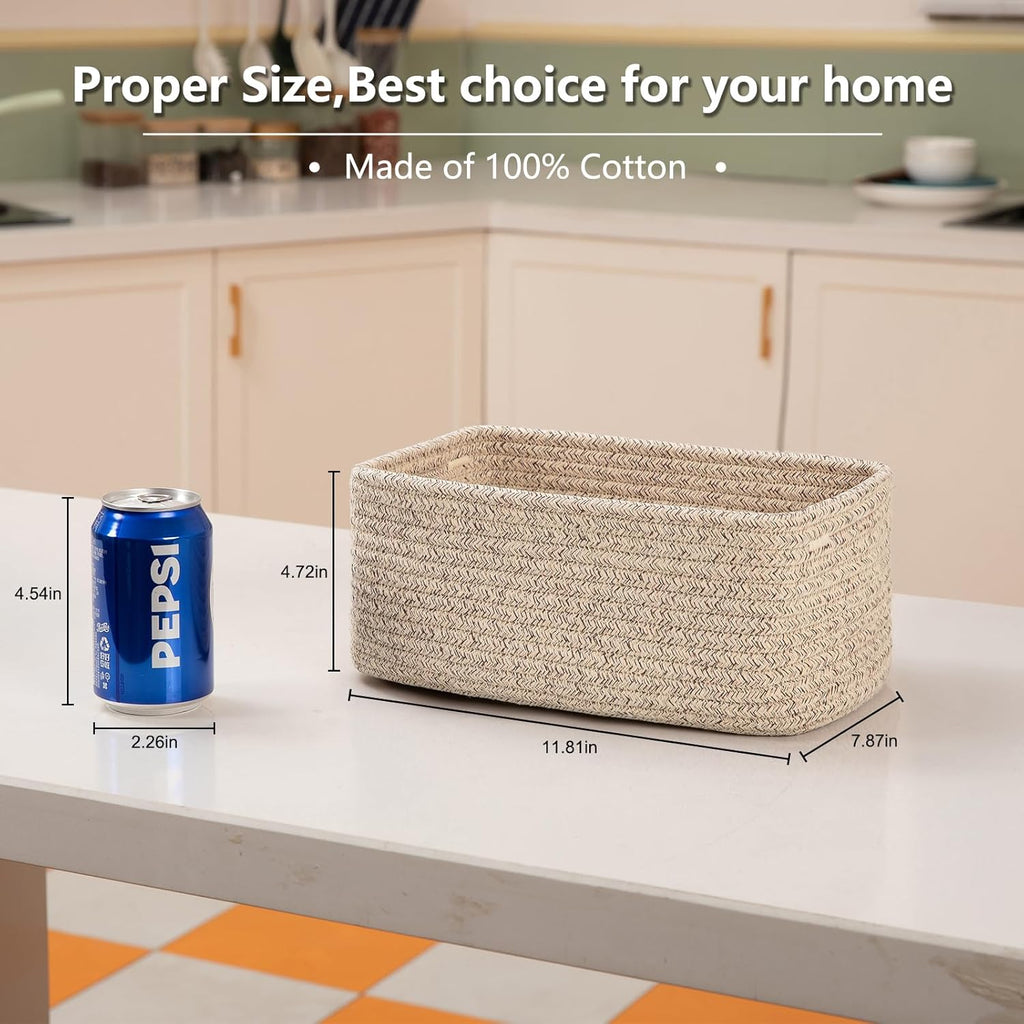 4 Pack Small Storage Shelf Baskets for Organizing, Mini Woven Rope Storage Bins for Towels, Cute Decorative Closet Organizer，Baby Nursery, Gift Empty Baskets -11.81''Lx7.87''Wx4.72''H'-Brown