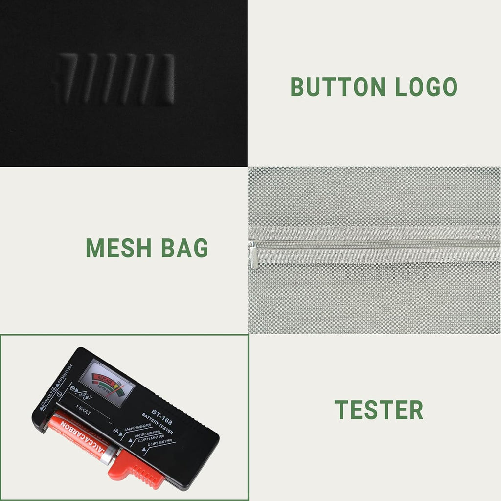 Battery Organizer Storage Case with Tester for AA AAA Button Battery Holder Carrying 3 Batteries Variety Pack 88 Batteries Zipper Mesh Bag (Batteries Not Included)