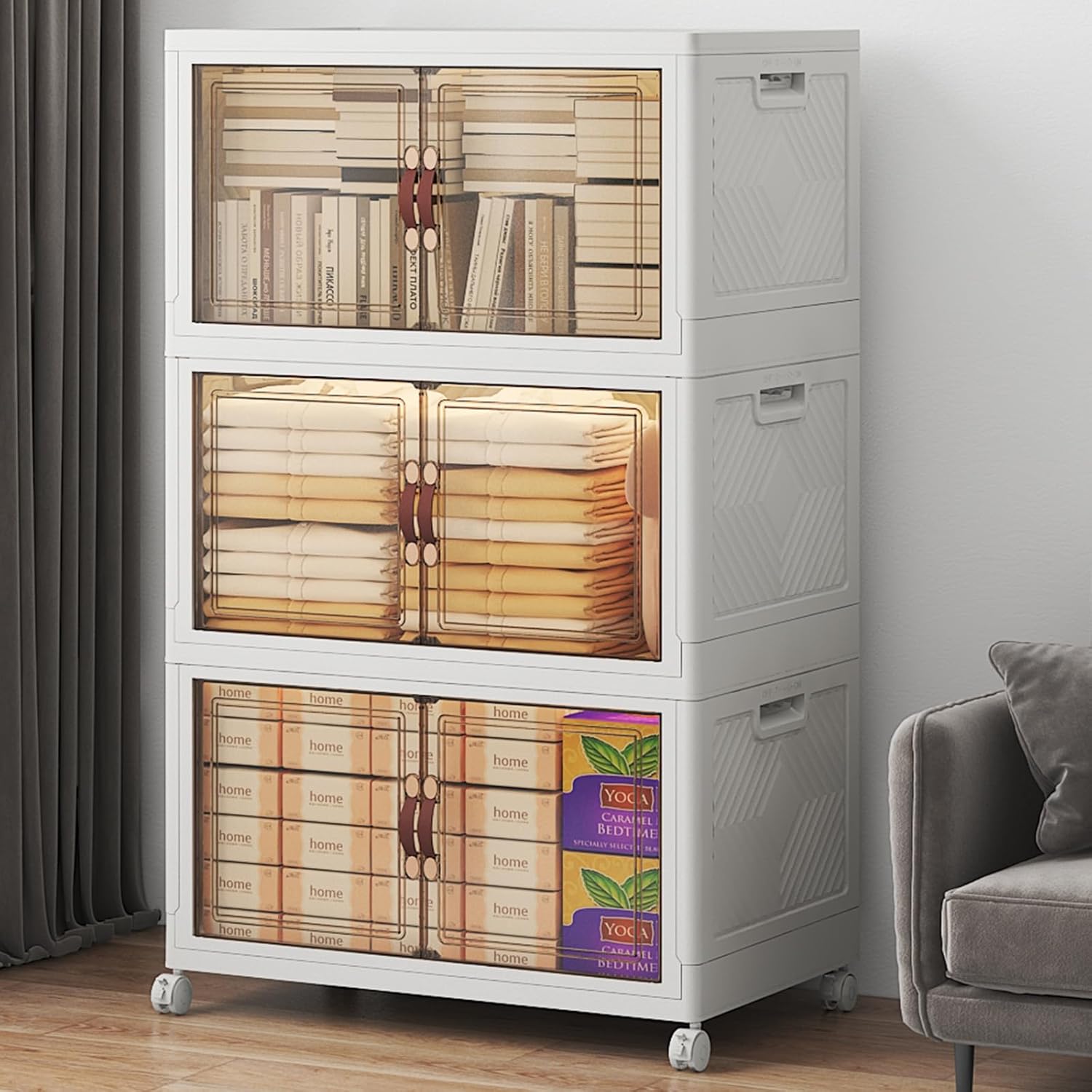 360Qt Stackable Storage Bins with Lids, 3 Pack Large Collapsible Bins with Wheels, Plastic Cabinet with Doors, Foldable Closet Organizers and Storage for Home, Dorm, Office, White