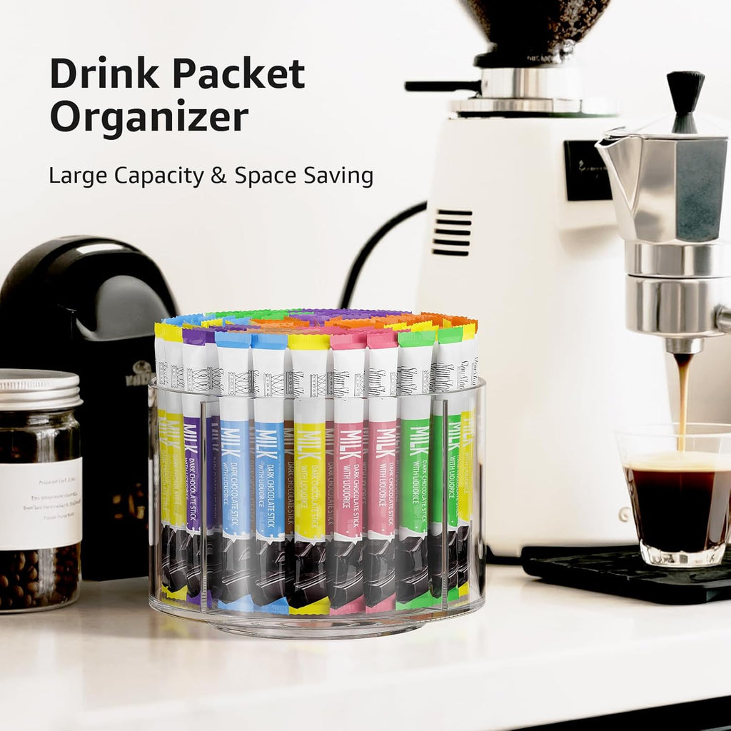 Divided Drink Packet Organizer, Rotating Turntable Organizer, Clear Lazy Susan for Powdered Drink Mix, Water Drink Packet Holder