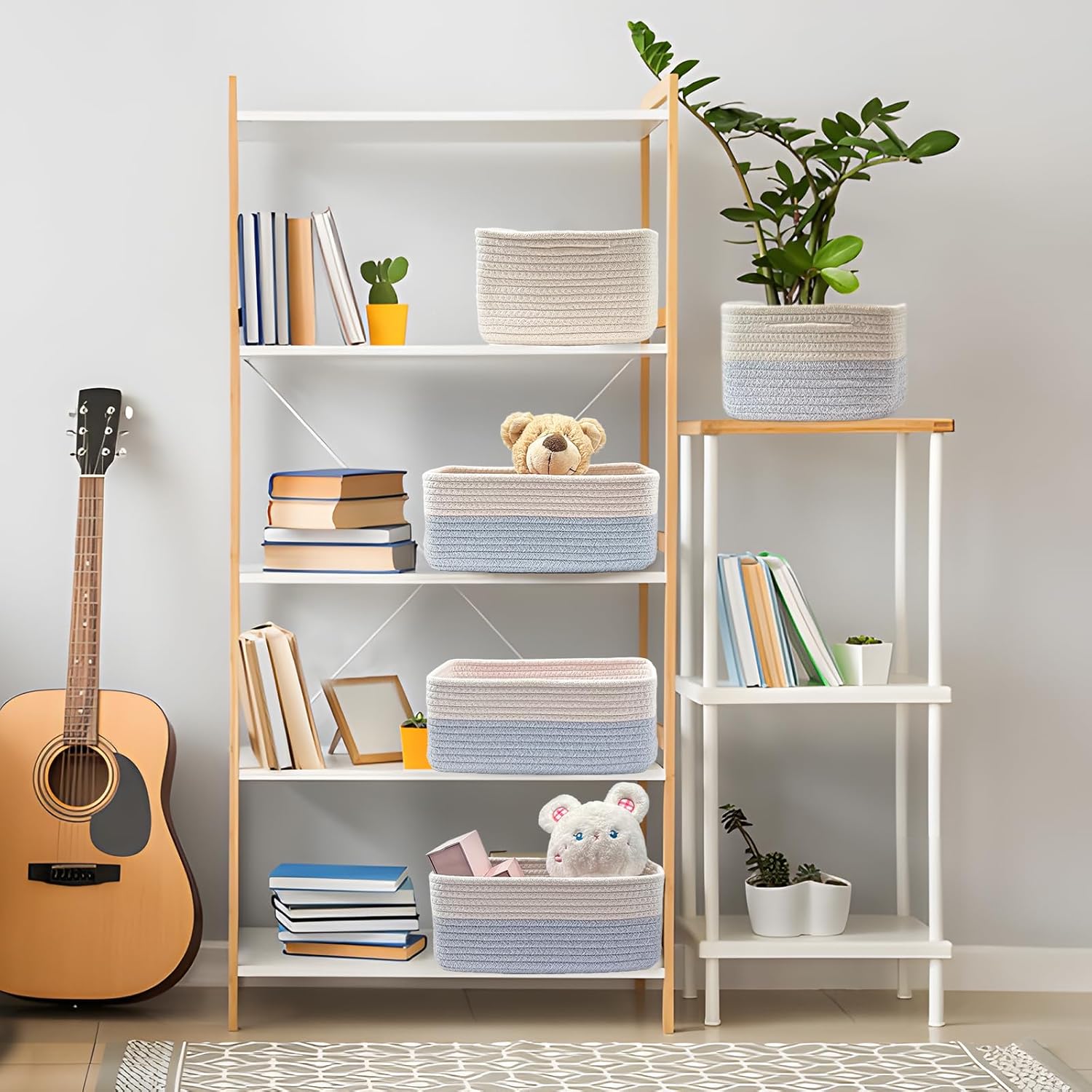 COMFY-HOMI 11.5"x7.5"x4.7" Storage Baskets for Organizing | Cotton Rope Woven Basket | Toy Storage Bin Box | Basket for Shelves, Closet Organizer Bin, Decorative Closet Shelf, 3 Pack, white/bule