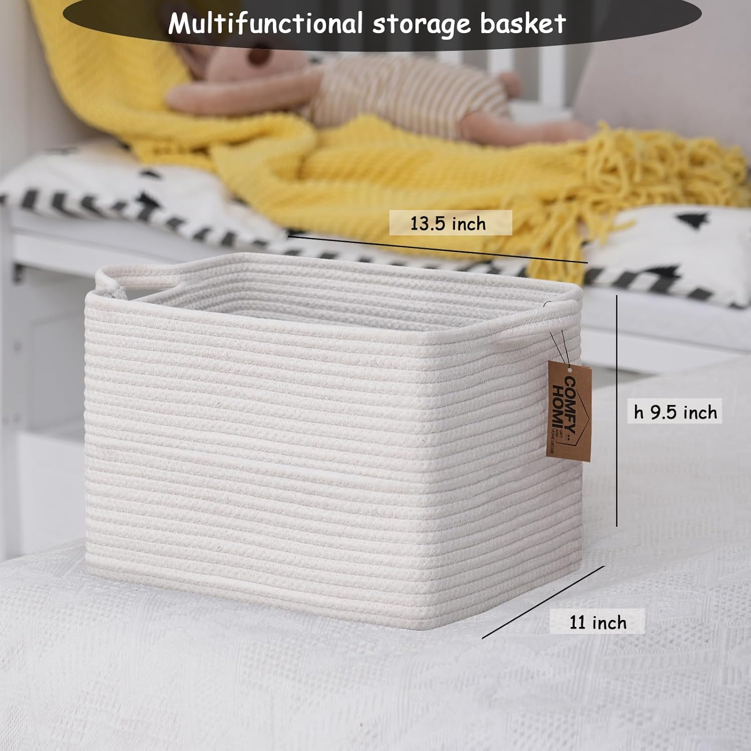 COMFY-HOMI 3PACK Cotton Rope Rectangular Storage Baskets for Living Room, Baby Room, Office (All White, 13.5" x 11" x 9.5")