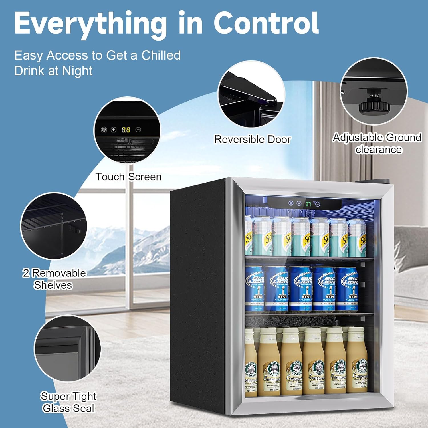 1.7 Cu.Ft Mini Fridge for 76 Cans, Beverage Refrigerator with Glass Door and Digital Display, Small Drink Fridge for Soda, Beer, or Wine, Adjustable Shelves, Compact Fridge for Bedroom Office