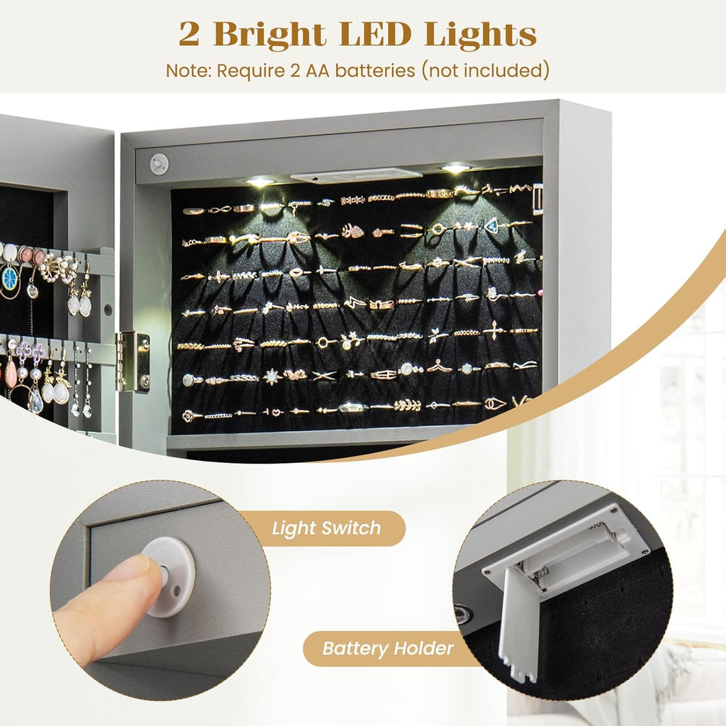 Giantex Wall or Door Mounted Jewelry Armoire with 47.5" Full Length Mirror, Lockable Cabinet with 2 LED Lights, 2 Drawers, Over the Door Large Jewelry Storage Organizer (Gray)