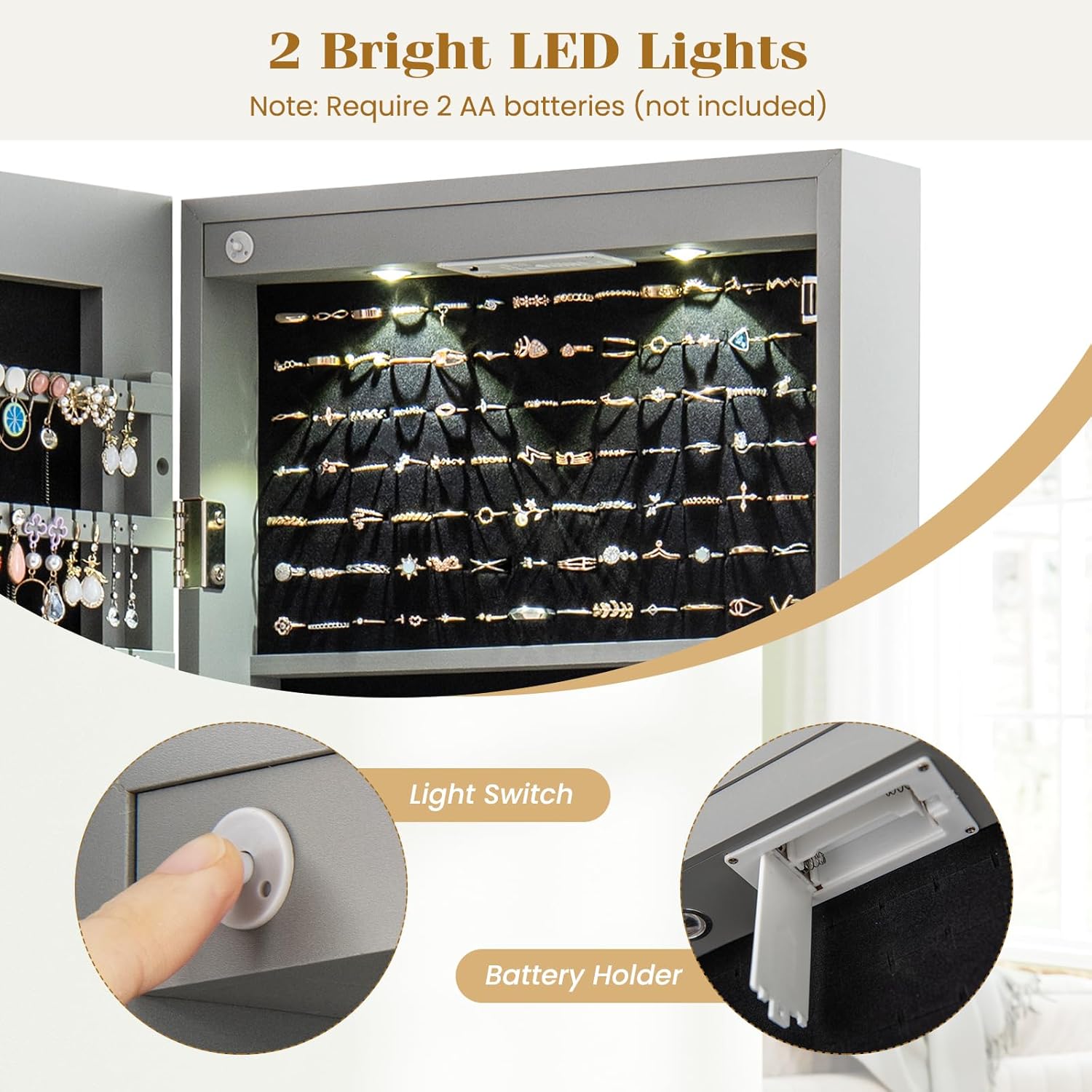 Giantex Wall or Door Mounted Jewelry Armoire with 47.5" Full Length Mirror, Lockable Cabinet with 2 LED Lights, 2 Drawers, Over the Door Large Jewelry Storage Organizer (Gray)