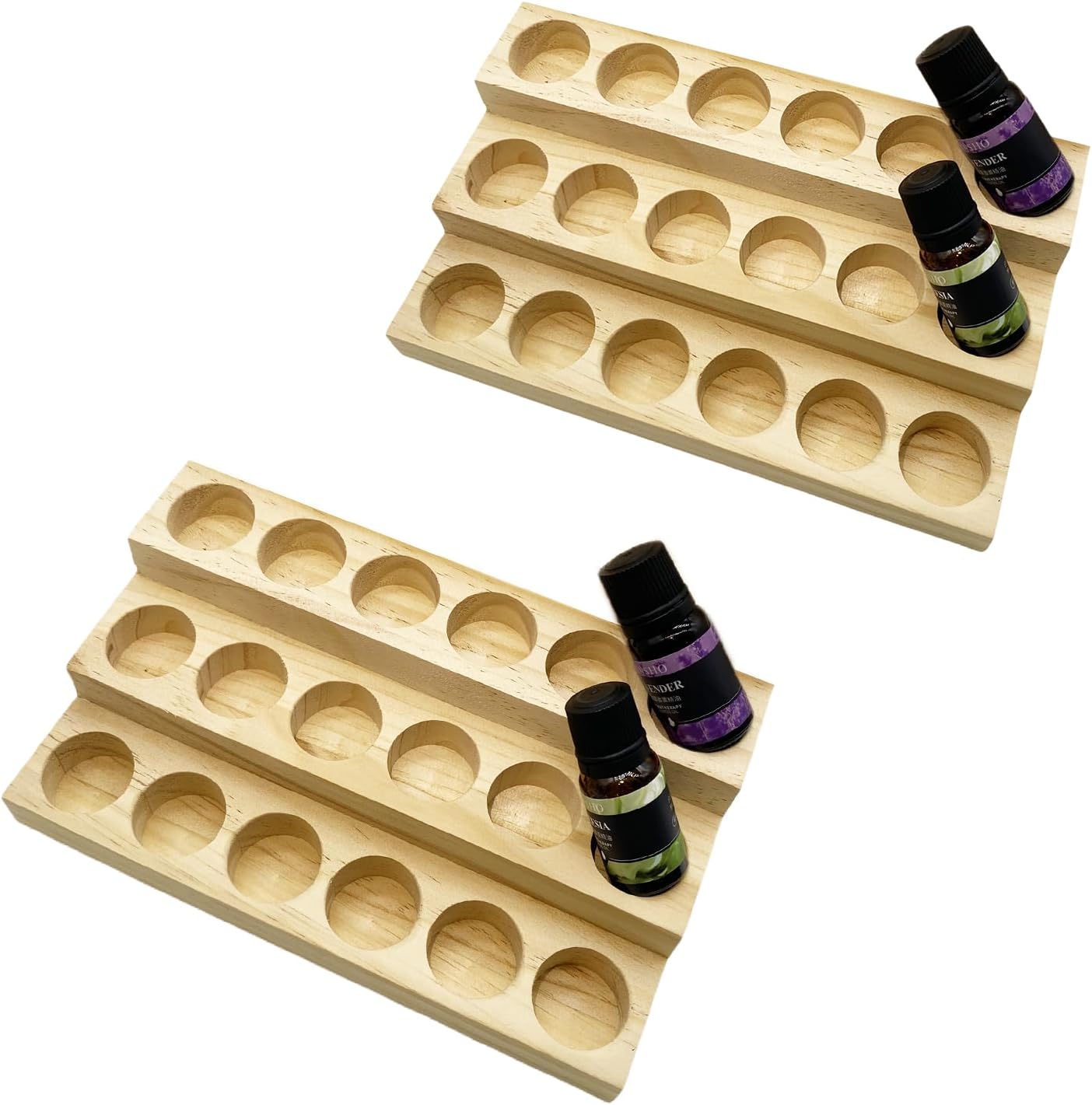 2 Pack Solid Wood Essential Oil Organizer 3-Tier Display Stand Holder Essential Oils Racks Tabletop Storage Rack for 5-20ml Bottles Perfumes and Nail Polish Compact Shelf