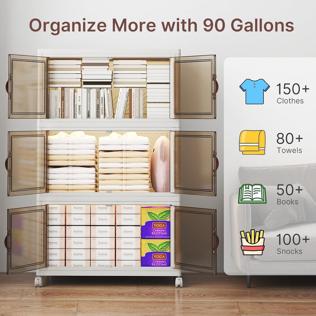 480Qt Stackable Storage Bins with Lids, 4 Pack Large Collapsible Bins with Wheels, Plastic Cabinet with Doors, Foldable Closet Organizers and Storage for Home, Dorm, Office, White