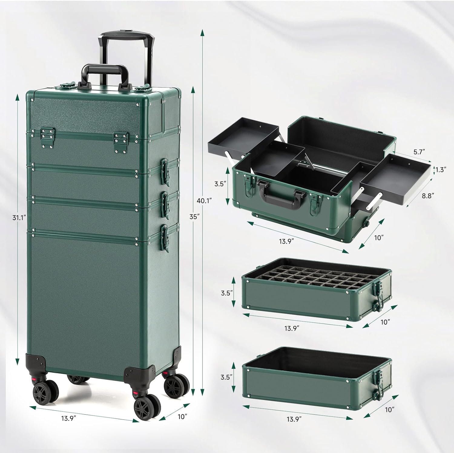 Leeora&Leekoo Portable Multi-Storey Nail Case for Nail Tech Organizer - Wheels Makeup Case Organizer, Cosmetic Case, Makeup Train Case, Make Up Case (Green)