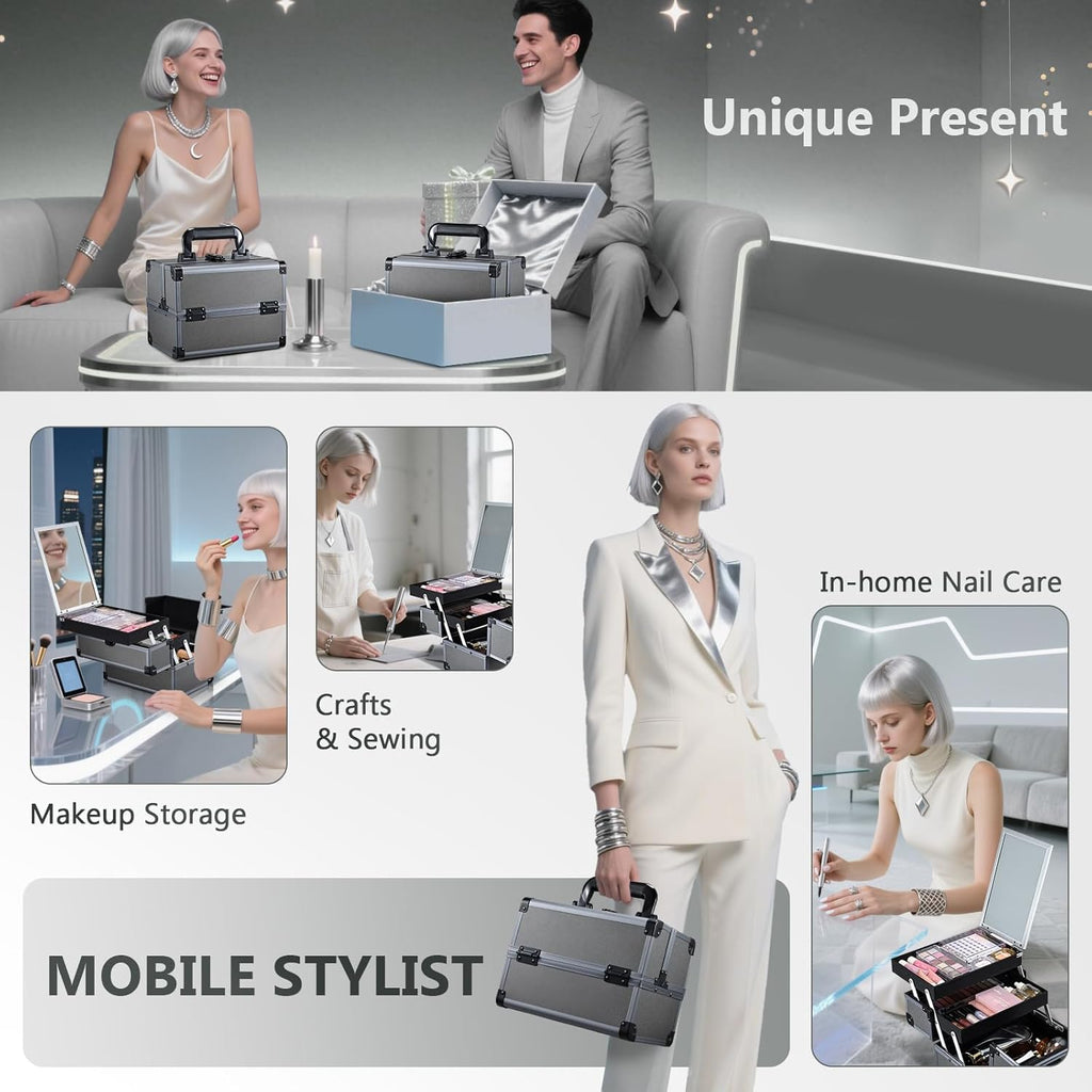 Joligrace Makeup Train Case Makeup Case Organizer Portable Cosmetic Box Storage with 2 Trays Mirror Locking with Keys Make Up Travel Case Nail Kits Traveling Makeup Box Iron Grey