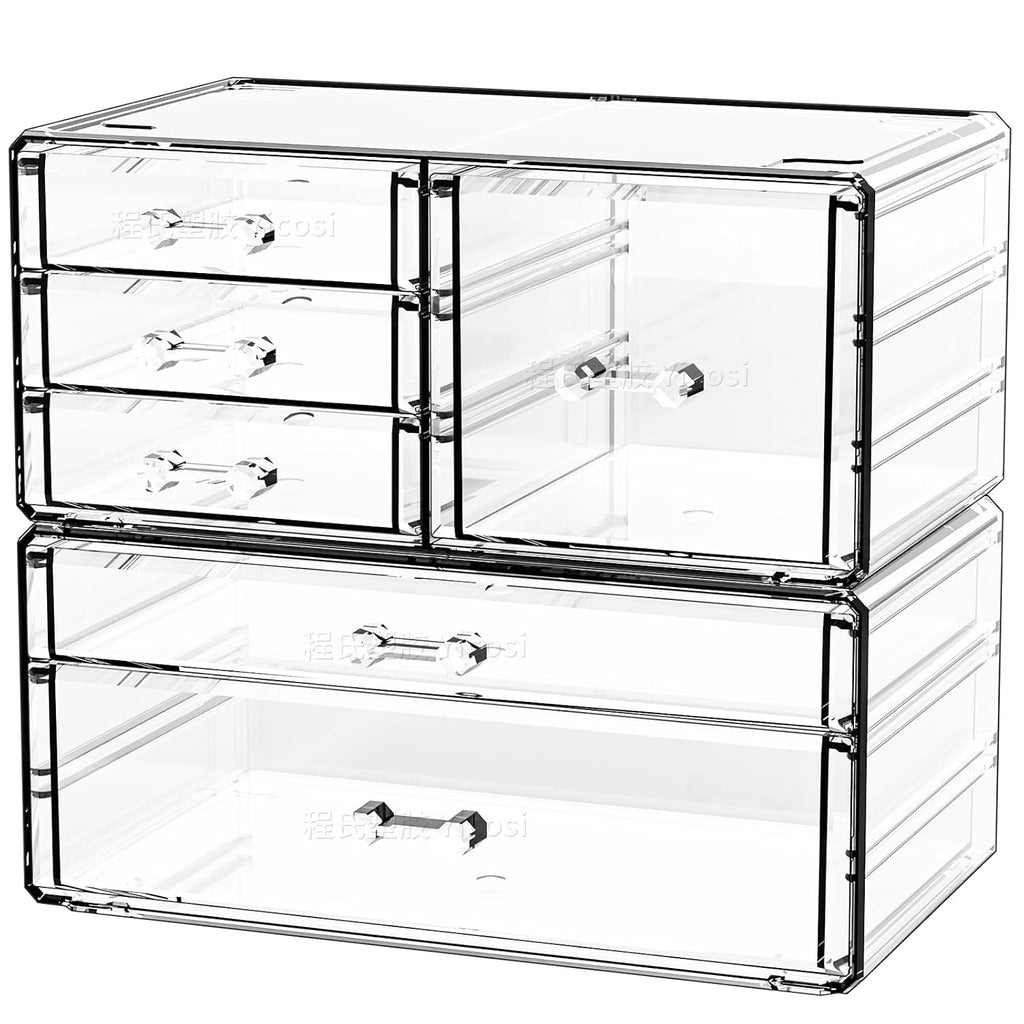 Cq acrylic 2 Pack Clear Desk Organizer With Drawers,Stackable 6 Drawers Skincare Organizer,Cute Skin Care Organizers for Vanity Hair Clip,Jewelry,Beauty Product Desk and Makeup Organizers Countertop