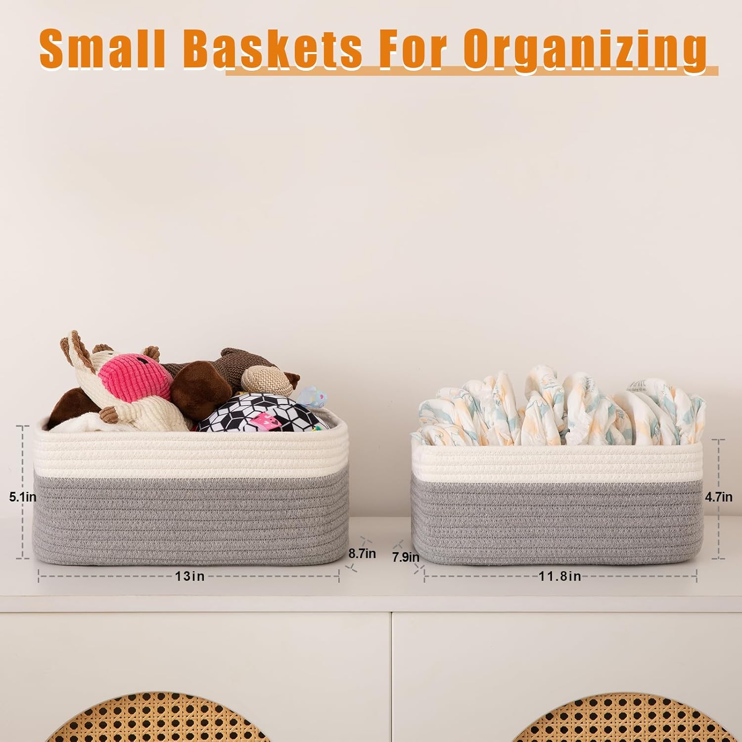 OIAHOMY 4 Pack Storage Baskets for Organizing, Small Bins for Shelves, Cute Decorative Storage Bins, Organizer Baskets for Gifts Empty, 11.8''Lx7.8''Wx4.7''H, Grey/White