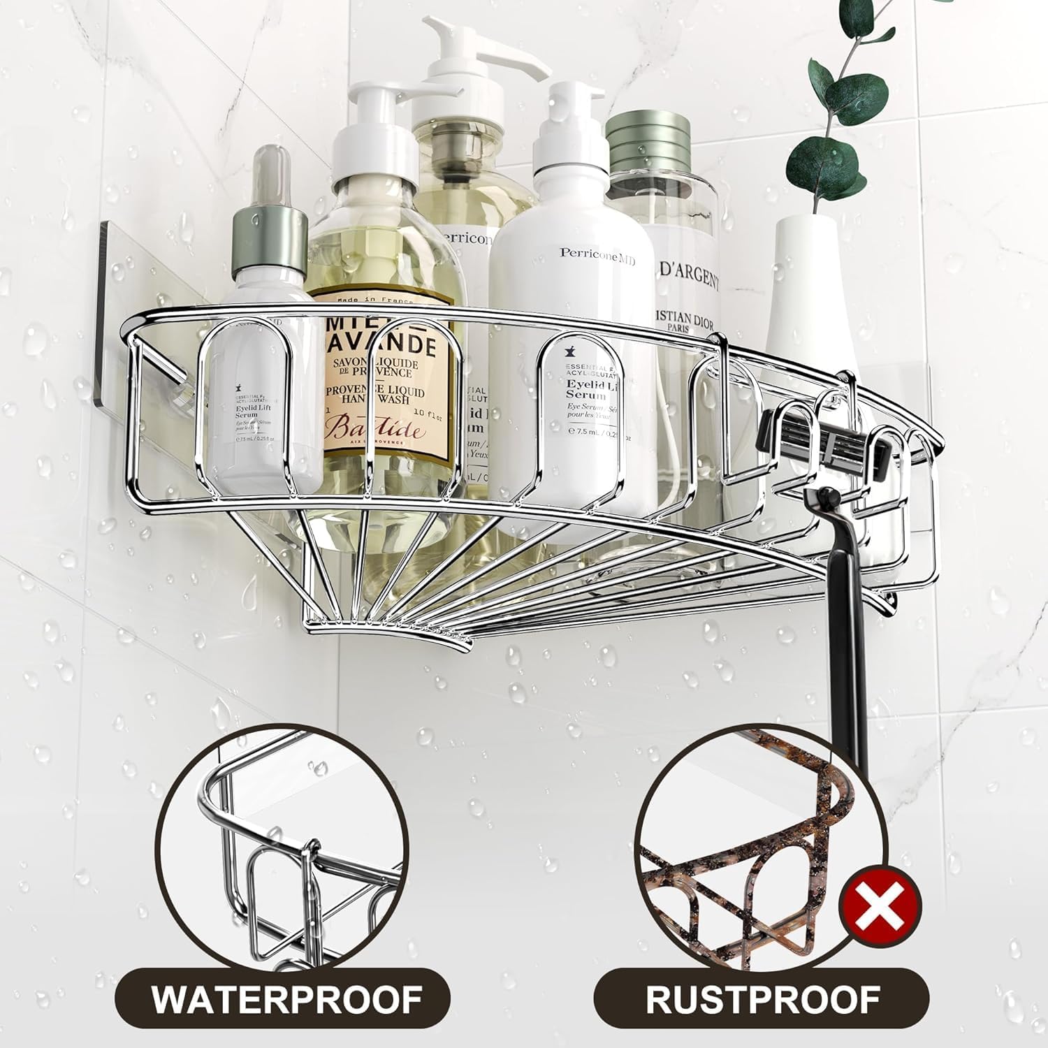 Orimade Corner Shower Caddy Stainless Steel with Hooks Wall Mounted Bathroom Shelf Storage Organizer Adhesive No Drilling 3 Pack, Silver Only for 90-Degree Corner