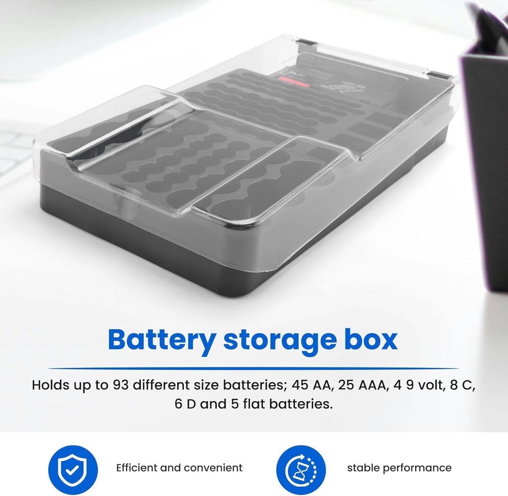 The Battery Storage Case,Organizer with Hinged Clear Cover, with Battery Tester, Holds 93 Batteries Various Sizes, Black
