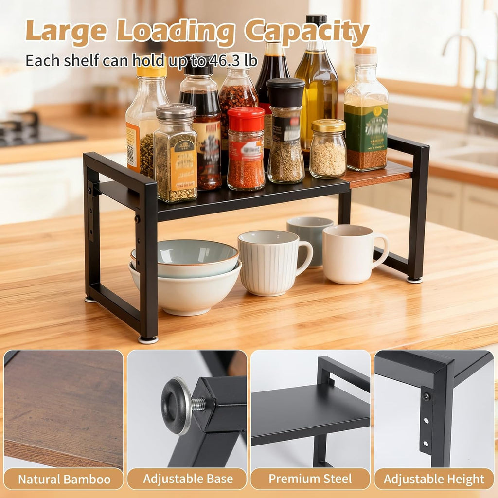 1 Pack Spice Racks, Expandable Adjustable Stackable Kitchen Organizer, Cabinet Shelf for Space-Saving, Counter Shelf for Cabinets, Countertop, Cupboard, Wood and Metal, Home kitchen Storage Rack