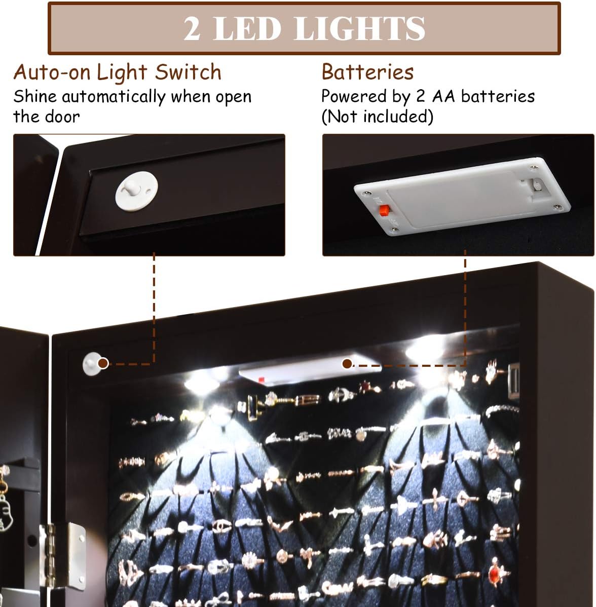 Giantex Wall Door Mounted Jewelry Armoire Cabinet with 47.5" H Full Length Mirror, 2 LEDs Lockable Jewelry Organizer Box with Bracelet Rod, 2 Drawers, Large Storage Capacity (Espresso)