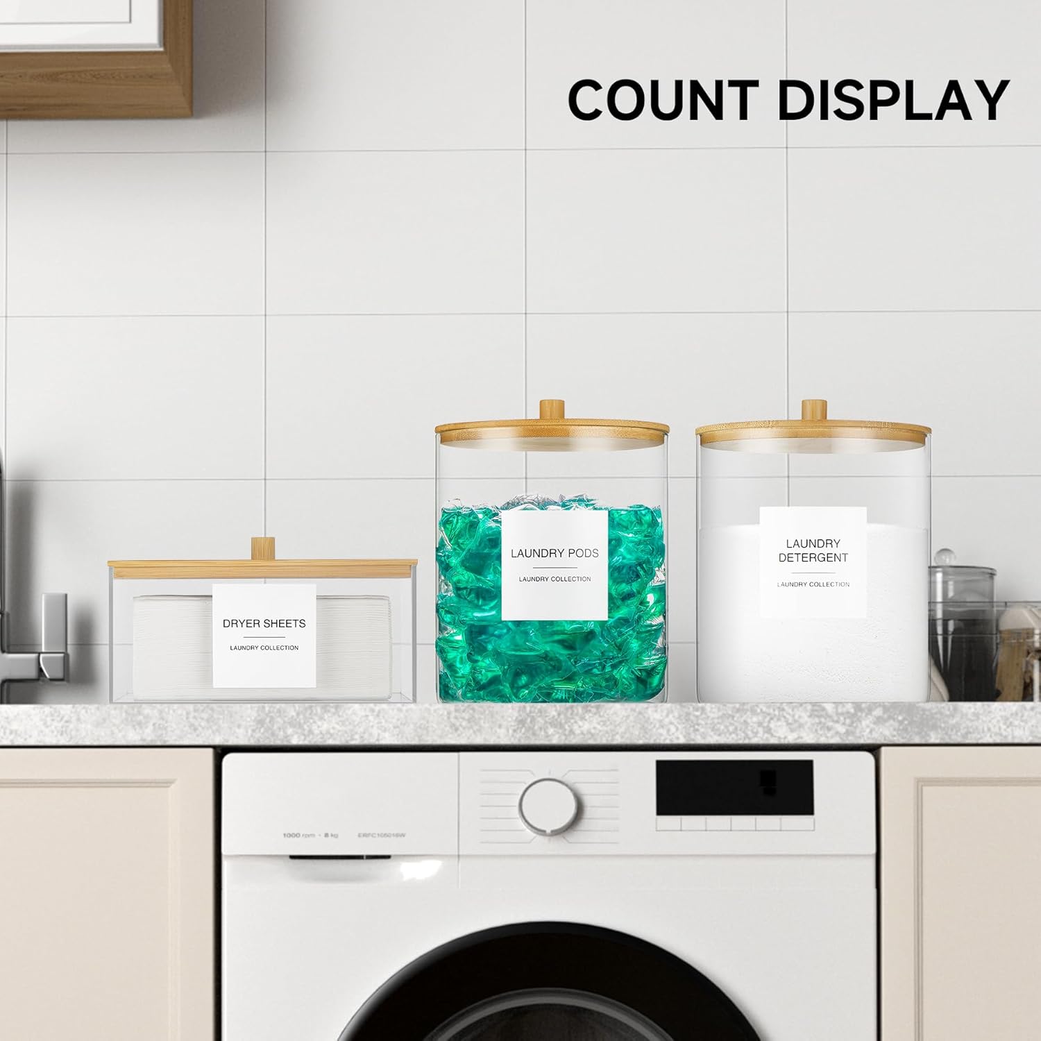 Glass Jars and Acrylic Dryer Sheet Holder, Laundry Pods Container with Bamboo Lid and 27 Labels, Powder Detergent Containers for Laundry Room Organization, Storage Jars Set (3 Pack)
