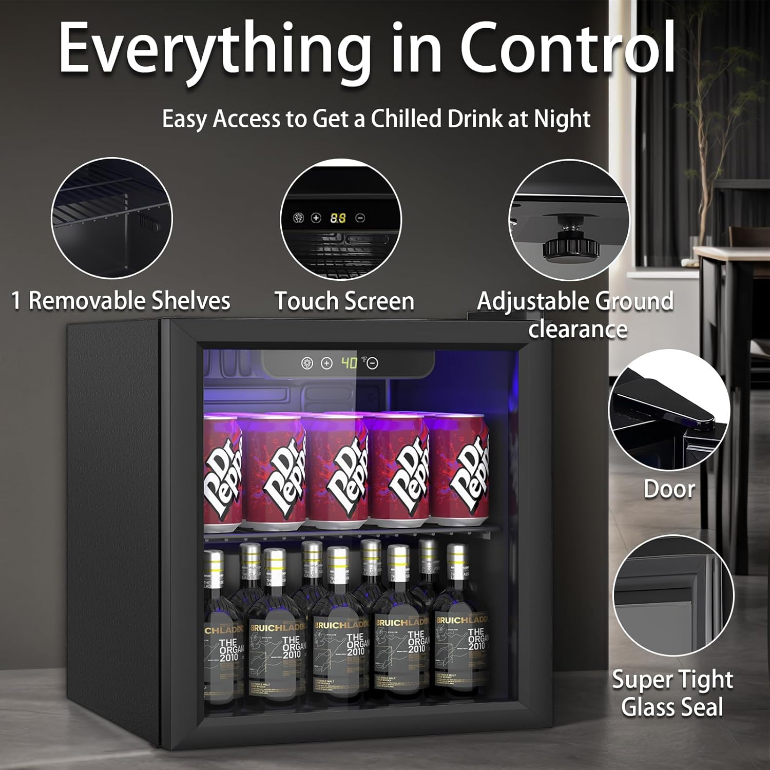 1.3 Cu.ft Beverage Refrigerator Cooler, 60 Cans Mini Fridge with Glass Door, and Temperature controllable switch for Soda, Beer or Wine For Office or Bar with Removable Shelves