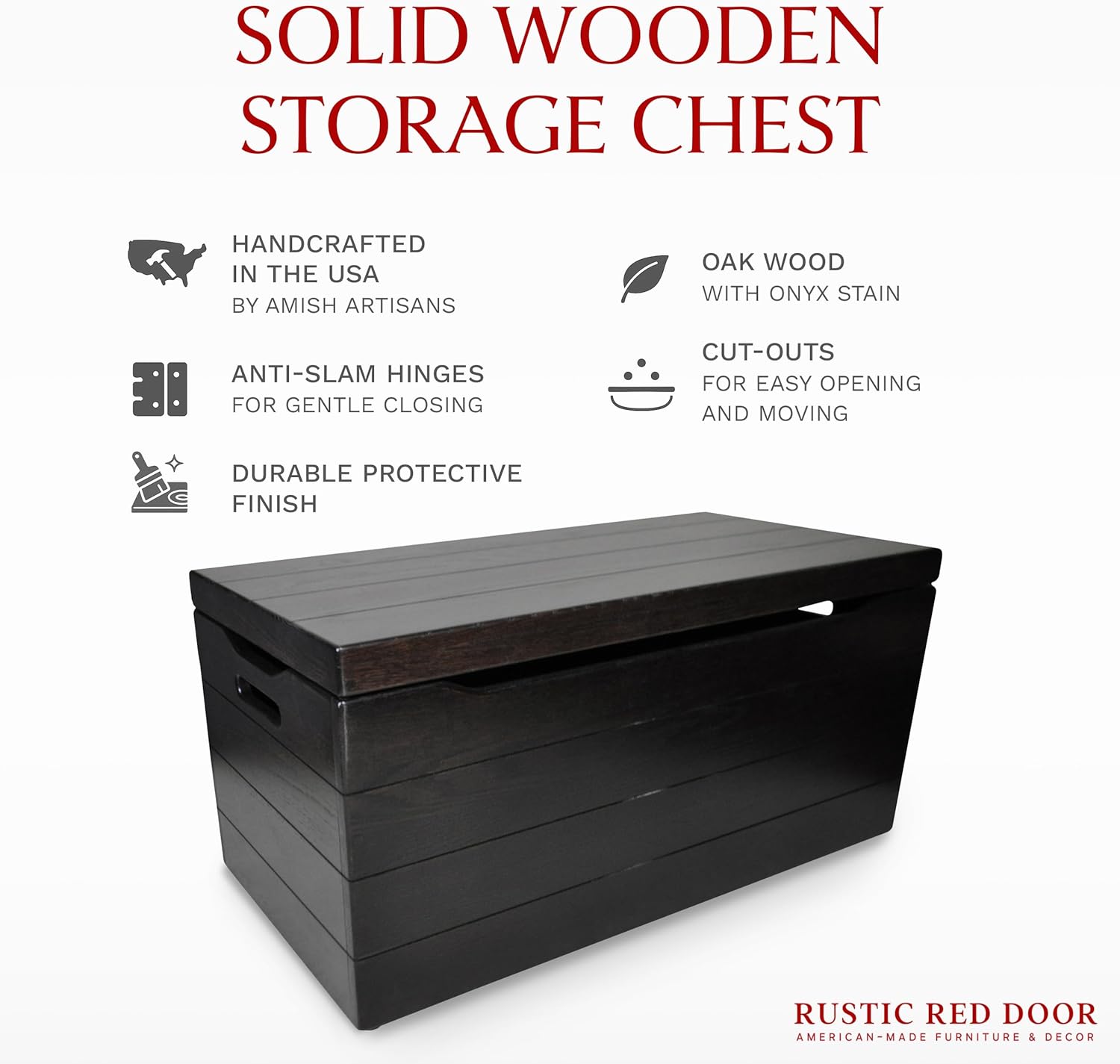 Amish Made Wooden Storage Chest Trunk Box with Lid and Handles for Bedroolanket, Clothes, Anti-Slam Hinges, Handmade, Rustic, Oak Wood, Onyx Stain, 36"