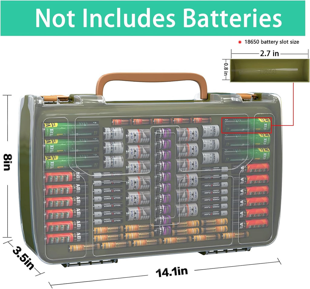 ALCYON Large Capacity 269 Battery Organizer Storage Case with Tester, Double-Side Battery Holder Container for AA AAA AAAA C D 9V Lithium 3V CR123 CR2032 CR1632 18650 Batteries(Box Only) (Green)