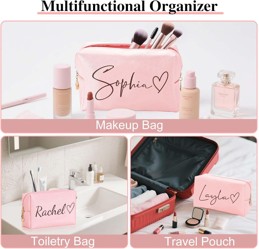 Personalized Makeup Bag with Name & Birth Flower, Custom Leather Cosmetic Bags for Women, Customized Travel Toiletry Bag Gifts for Bridesmaid Wedding
