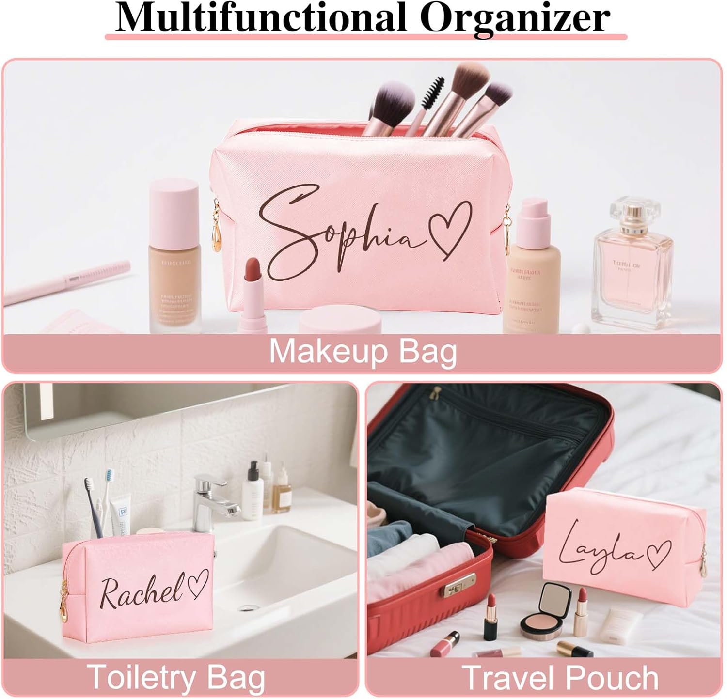 Personalized Makeup Bag with Name & Birth Flower, Custom Leather Cosmetic Bags for Women, Customized Travel Toiletry Bag Gifts for Bridesmaid Wedding