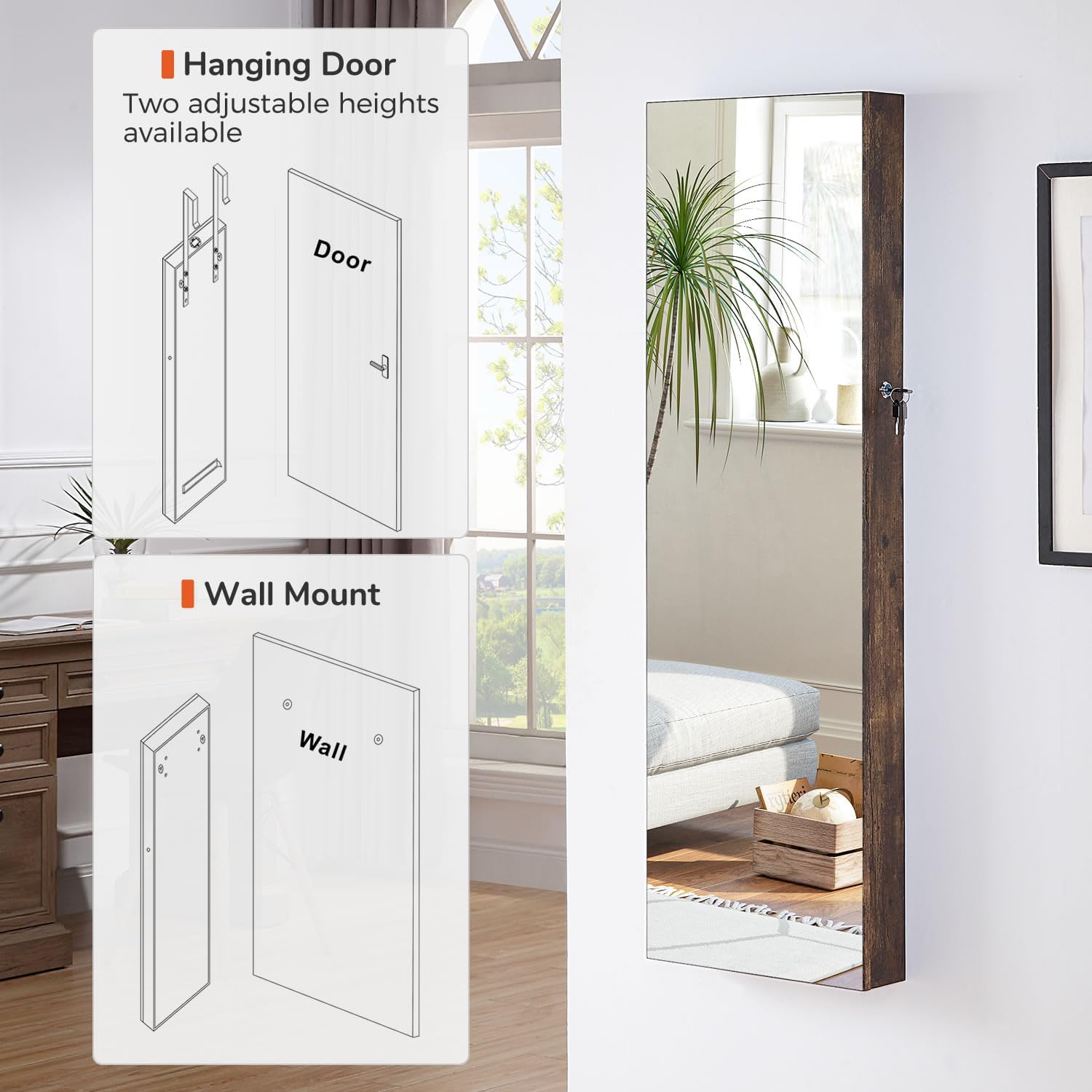 GISSAR Full Length Mirror Jewelry Cabinet, 6 LEDs Jewelry Armoire Wall Mounted Over The Door Hanging, Jewelry Organizer Storage with Lights Lockable, Vintage Brown, 14.6" x 47.2"