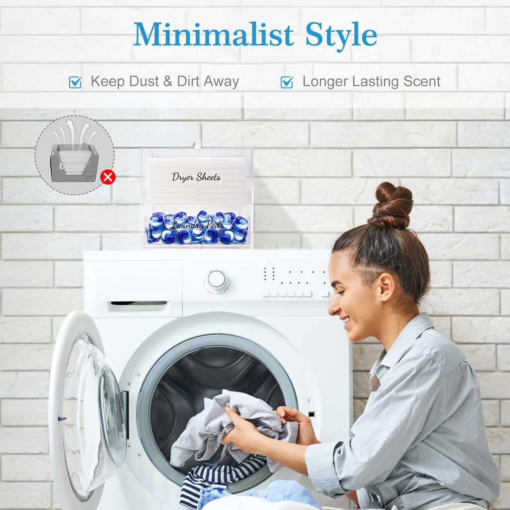 JYPS 1+1 Acrylic Dryer Sheet Holder with Drawer and Bamboo Lid, Clear Acrylic Large-Capacity Laundry Pods Container, Scent Boosters & Powder, Laundry Room Organization decor, Storage Jars Set