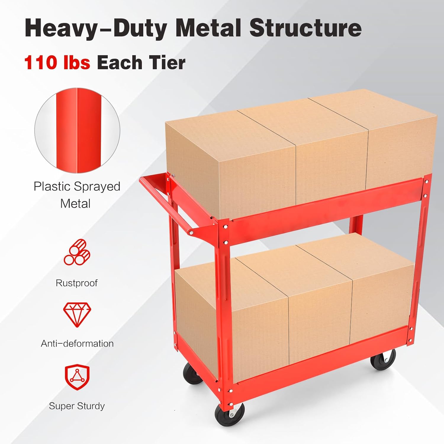Goplus 2-Tier Utility Cart, Heavy Duty Commercial Service Tool Cart w/Handle, 220 lbs Max Support, Rolling Mechanic Metal Tool Cart Storage Organizer for Home, Garage, Warehouse