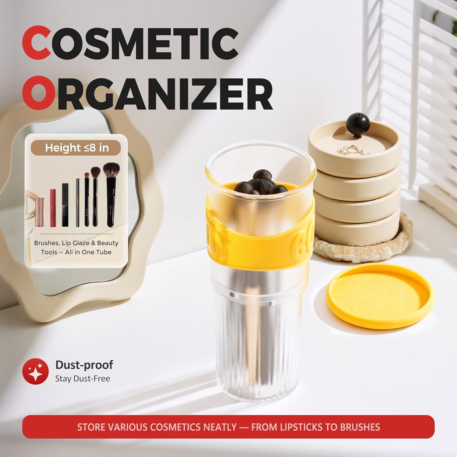 Li&Zhao Makeup Brush Holder with Lid - Makeup Brush Organizer Plastic Makeup Brush Holder for Vanity Expandable Makeup Brush Cup Pencil Holder for Desk Pen Holders for Desktop Countertop Bathroom