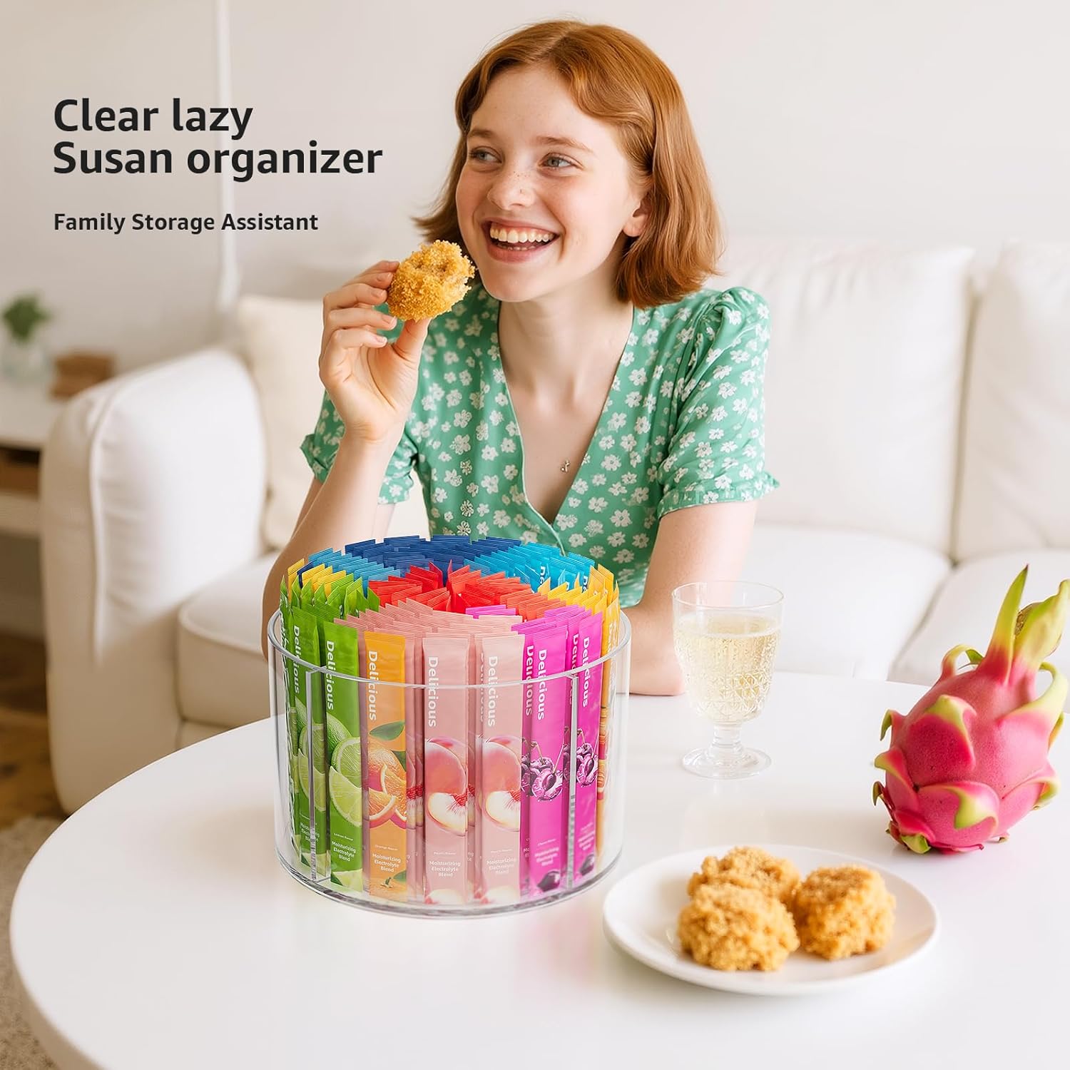 2-Pack Rotating Drink Mix Organizer, Spinning Drink Packet Holder, Clear Lazy Susan Turntable for Powdered Mixes, Divided Drink Storage Organizer