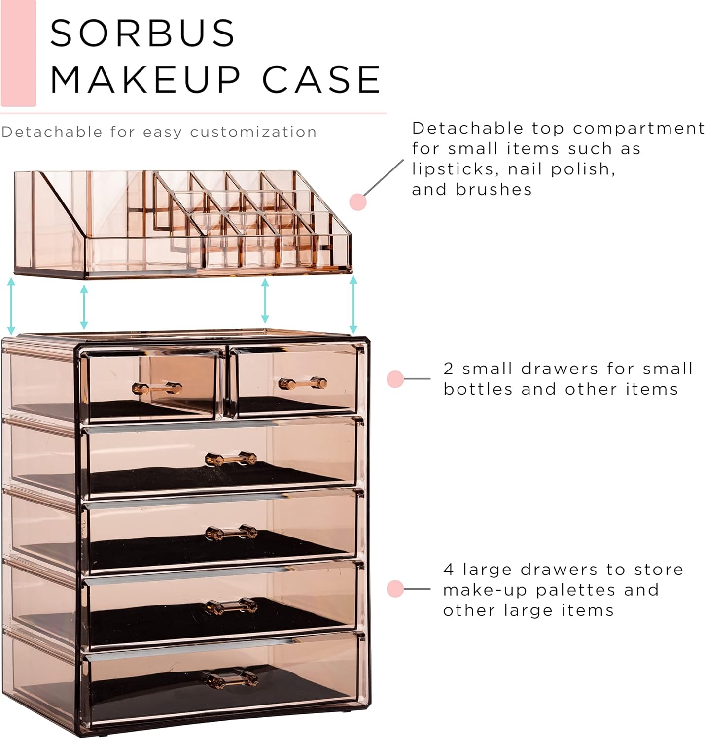 Sorbus Acrylic Makeup Organizer Set, 6-Drawer Vanity & Countertop Cosmetic Storage with Small & Wide Compartments, Bronze Glow Makeup Storage for Brushes, Jewelry – Holiday Gift for Women & Teens