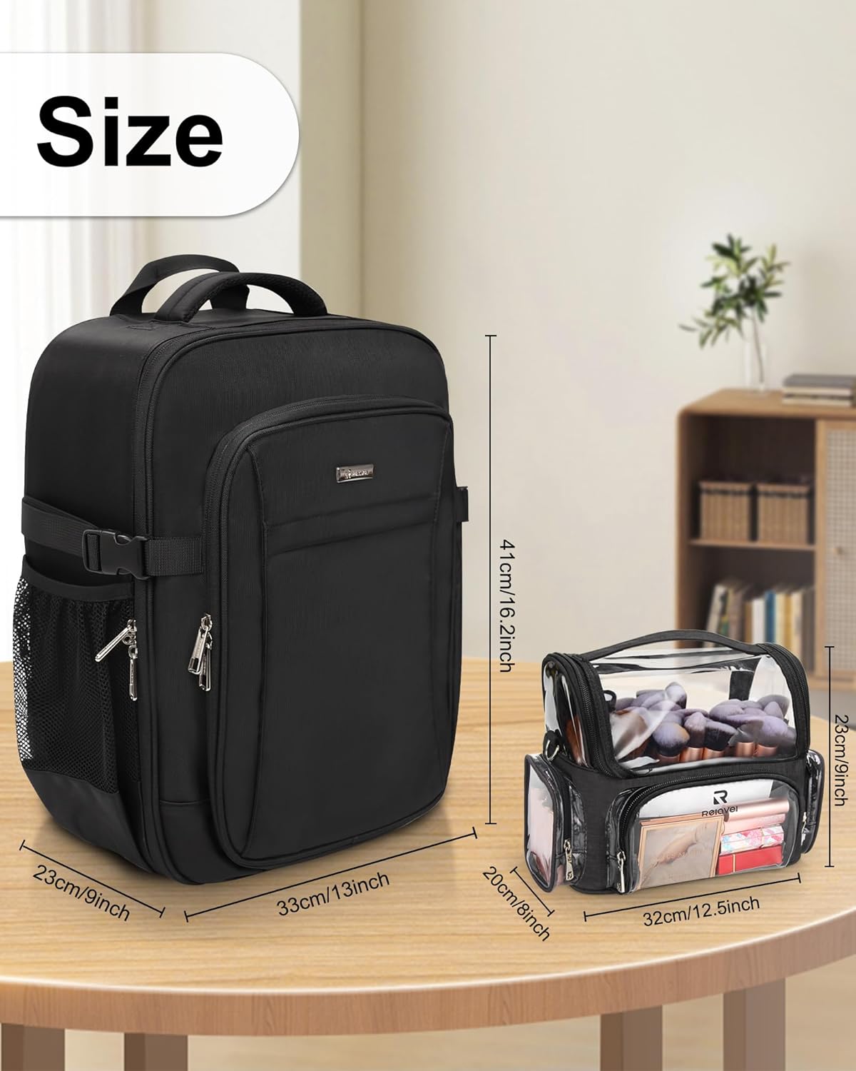 Relavel Professional Makeup Case Makeup Backpack and Clear Makeup Brush Case for Makeup Artists, Durable Water-resistant Material, with Shoulder Strap and Adjustable Dividers Black