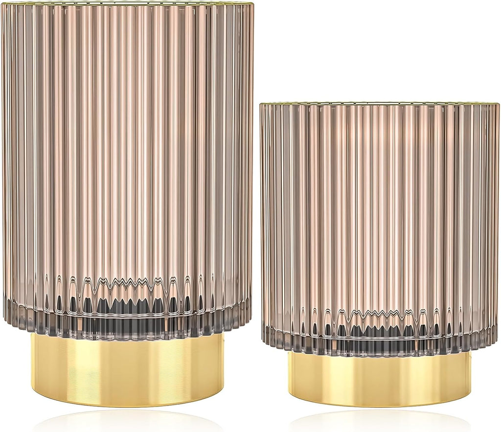 Makeup Brush Holder Organizer, Heavy Crystal Glass Brush Storage Holder, Vintage Cosmetic Make Up Bathroom Brushes Cup Pen Pencil Toothbrush Holder Striped Vase (S+L Pink)