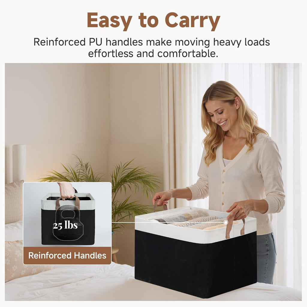 StorageWorks Storage Bins, Fabric Storage Bins for Shelves, Extra Large Storage Baskets with Metal Frame, Closet Baskets and Bins with Handles, Jumbo, Black and White, 2-Pack