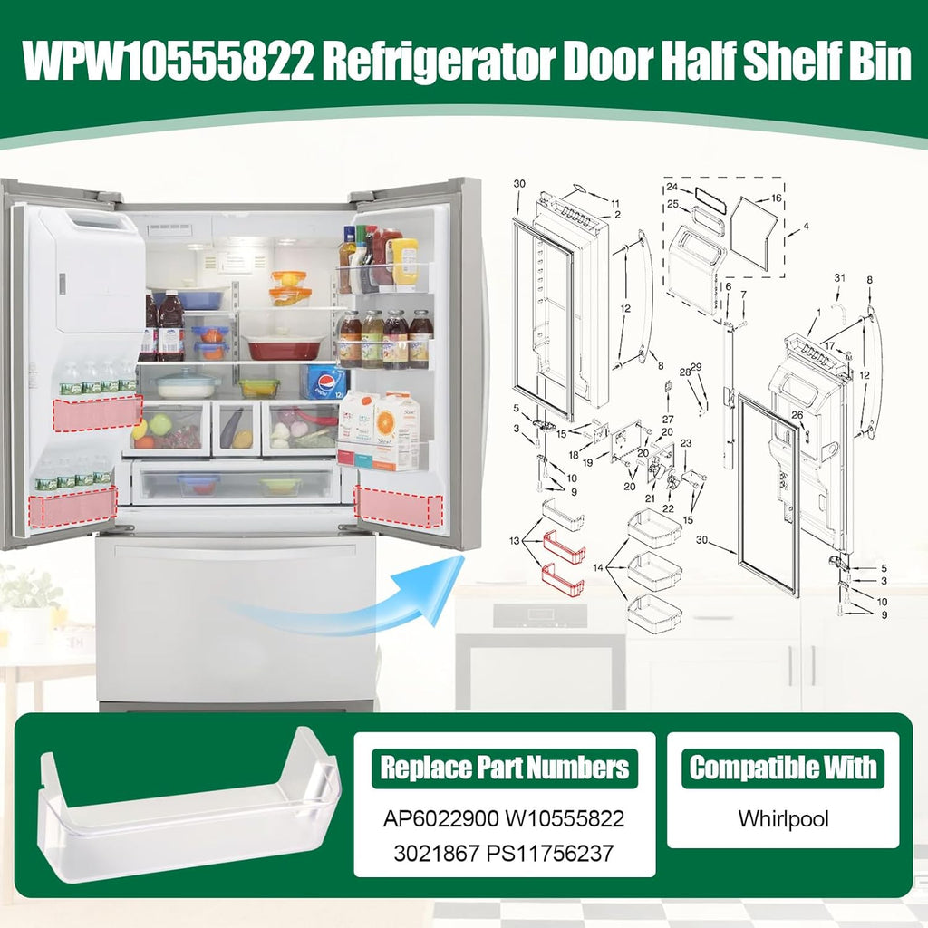 WPW10555822 Refrigerator Door Half Shelf Bin Compatible with Whirlpool WRF736SDAM12 WRF736SDAB12 WRF736SDAF12, W10555822 Fridge White Transparent Door Box Replace AP6022900 3021867 PS11756237