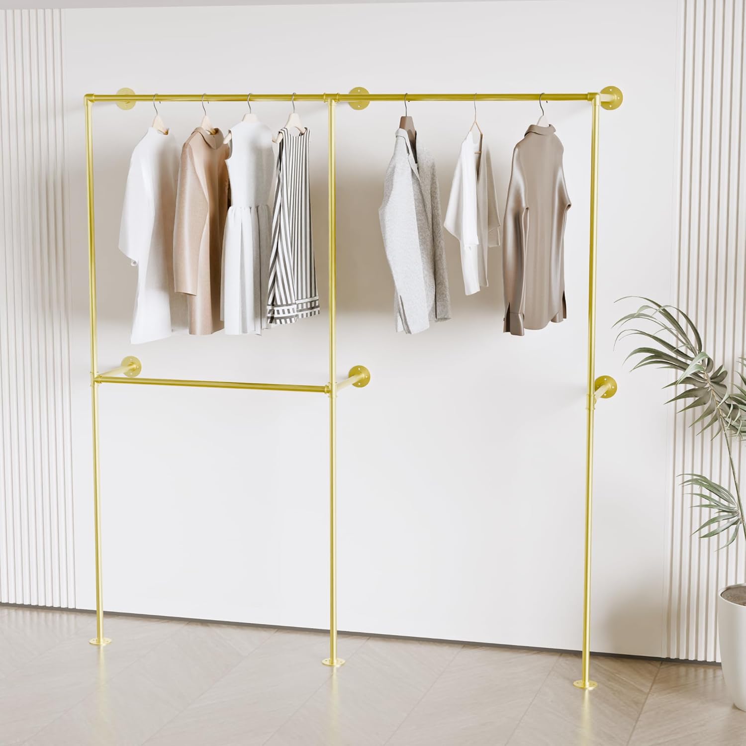 Industrial Pipe Clothing Rack, Heavy Duty Wall Mounted Clothes Rack,Retail Display Hanging Garment Rod for Laundry Rooms, Closet Storage, 14.6x75x82.7 Inches, Model K08 Gold