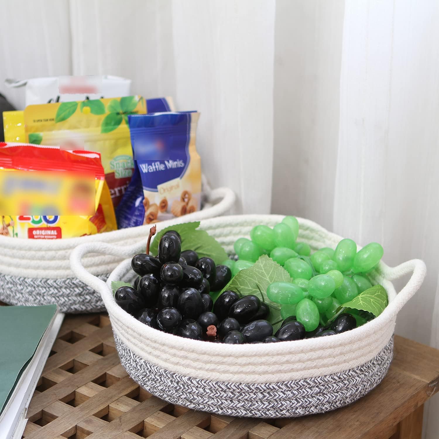 Sea Team 2-Pack Cotton Rope Baskets, 10 x 3 Inches Small Woven Storage Basket, Fabric Tray, Bowl, Round Open Dish for Fruits, Jewelry, Keys, Sewing Kits (Mottled Grey & White)