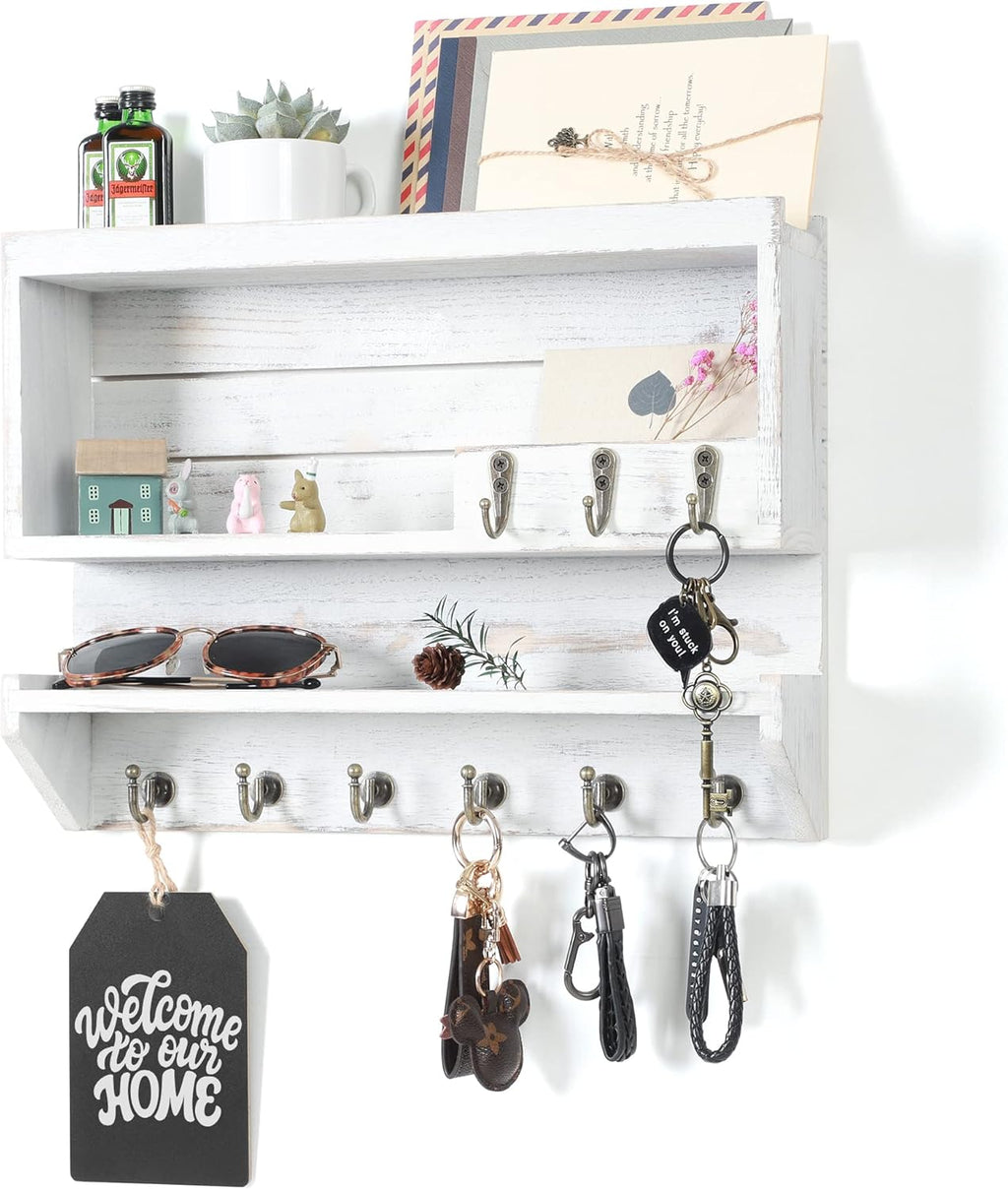 Innovation Key and Mail Holder for Wall, Key Holder Wall Mount, Mail Organizer with 9 Hooks, Ivory