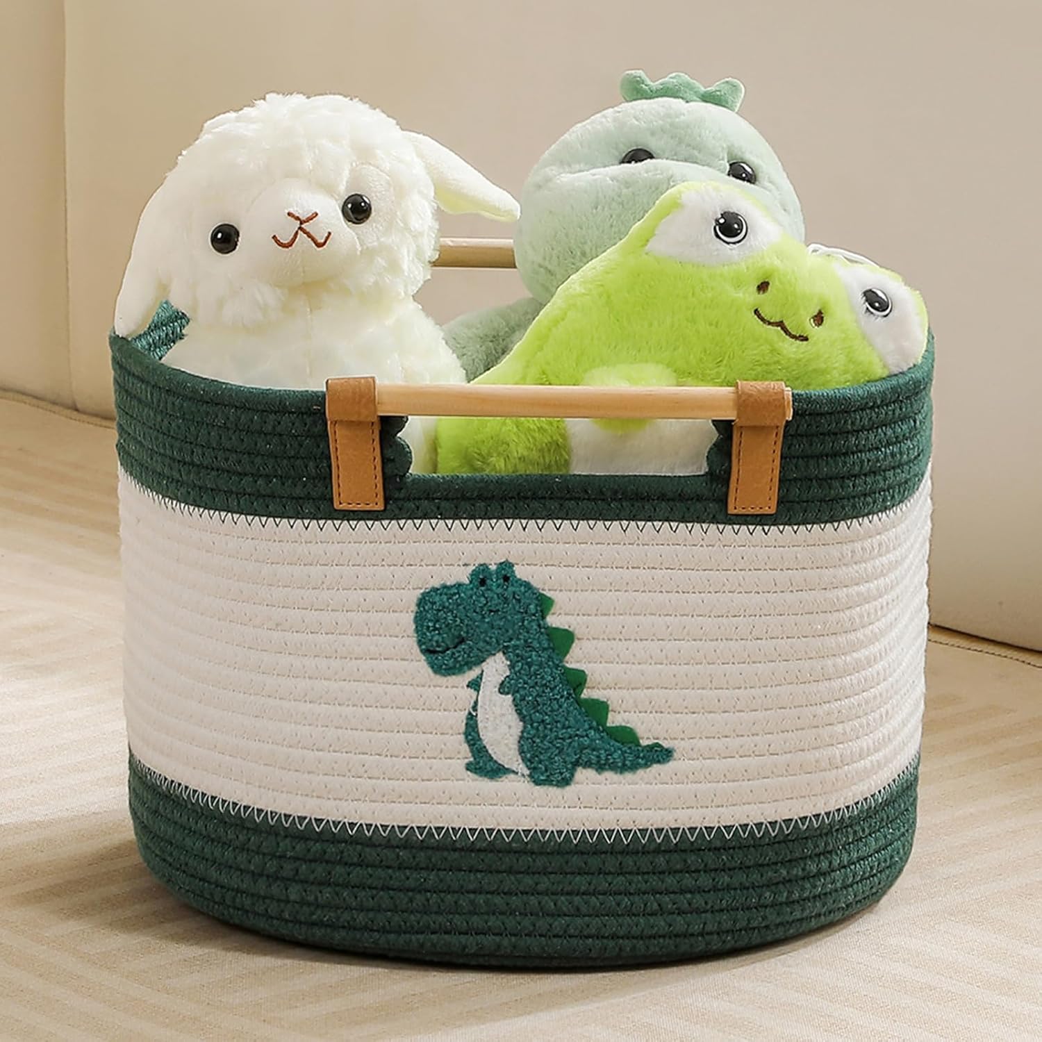 Cotton Rope Baskets for Kids Stuffed Animal Toys Storage for Nursery, Baby Baskets for Gifts Empty, Woven Basket with Wooden Handles Blanket Towel Toy 0rganizer Kids Blanket Storage Bins (Dinosaur ）
