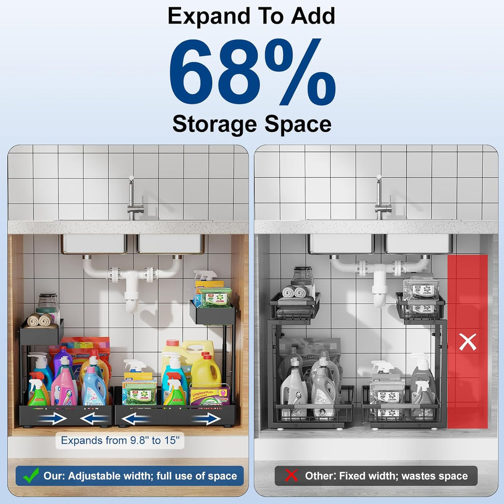 Insputer 2 Pack Under Sink Organizer, 2 Tier Under Cabinet Storage Expandable Width 9.8"-15" & Height Adjustable, Thickened Pull Out Shelf for Bathroom, Kitchen, Laundry, Pantry(Black)