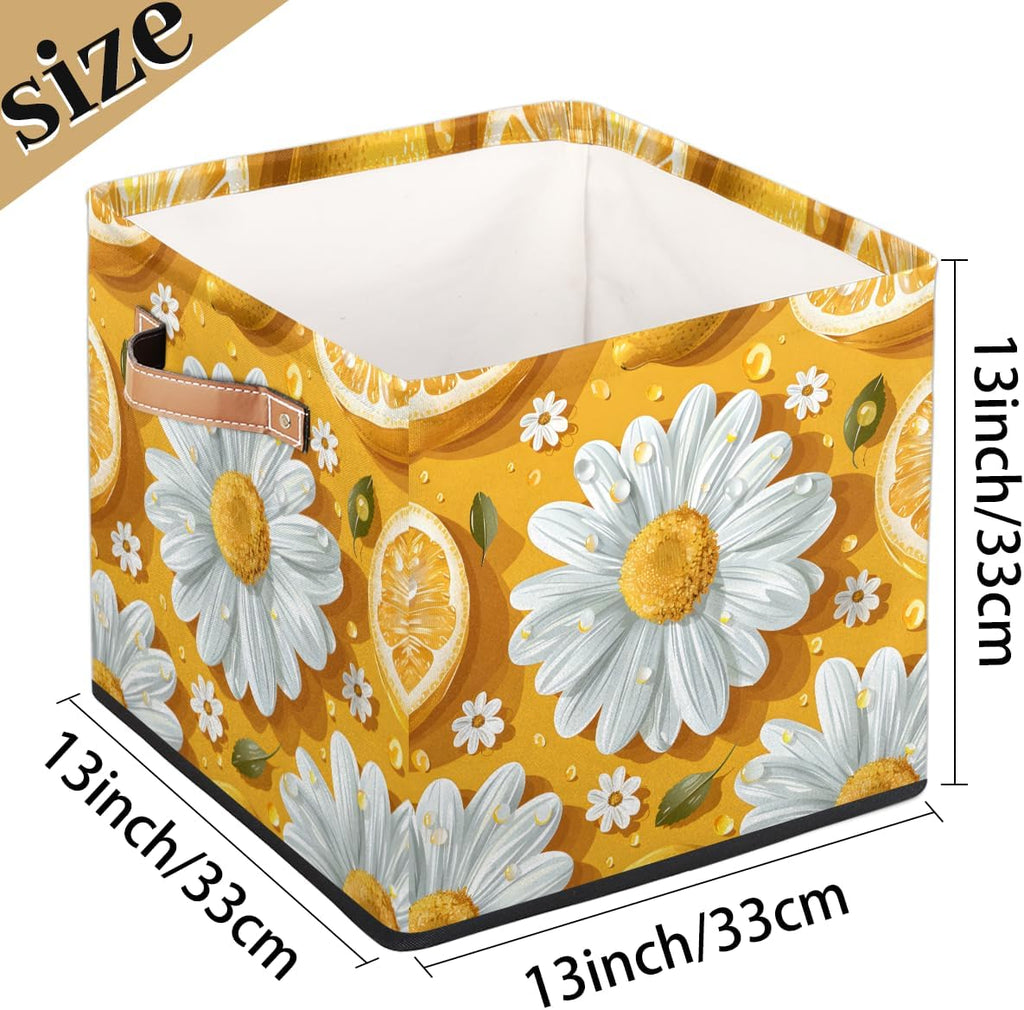 TropicalLife 13x13x13 Inch Large Fabric Storage Cube Lemon Daisy Foldable Storage Bin with Handles Organizer Boxes Cube Basket for Shelves Organizing Closet
