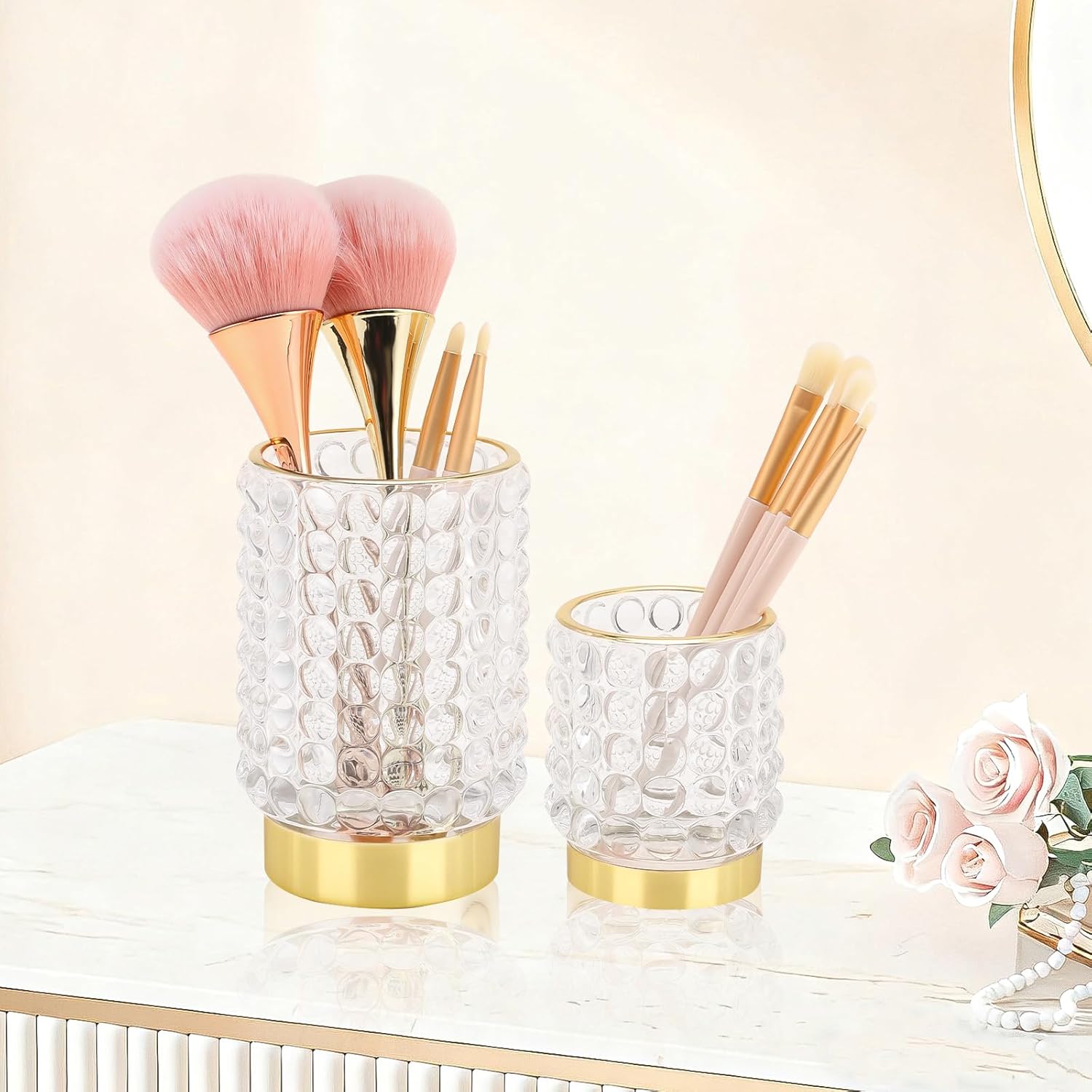 DASITON Makeup Brush Holder Organizer, Crystal Cosmetic Make Up Brush Holder, Glass Makeup Brushes Storage Organizer, Vintage Make Up Cup Desk Pen Pencil Holder, Toothbrush Holders (Clear L)