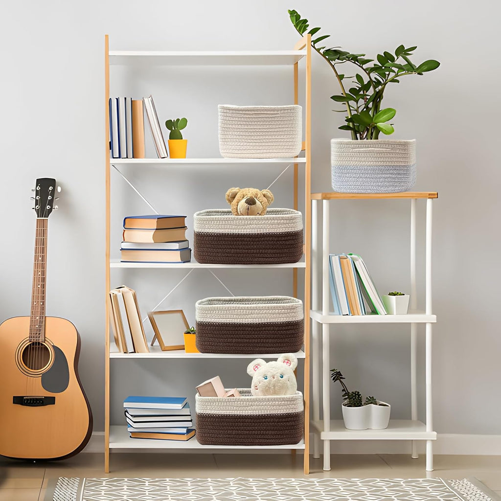 COMFY HOMI 11.5"x7.5"x4.7" Storage Baskets for Organizing | Cotton Rope Woven Basket | Toy Storage Bin Box | Basket for Shelves, Closet Organizer Bin, Decorative Closet Shelf, 3 Pack, dark brown/white