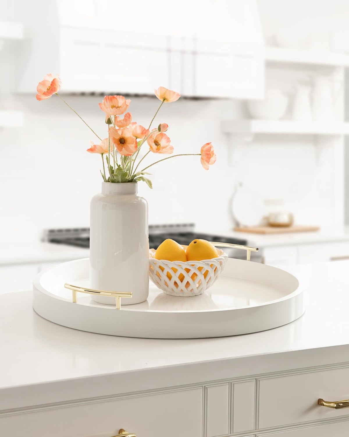 Kate And Laurel Lipton Modern Round Ottoman Tray; 22 Inch Diameter; White and Gold; Decorative Circle Coffee Table Tray for Living Room Decor or Large Serving Tray