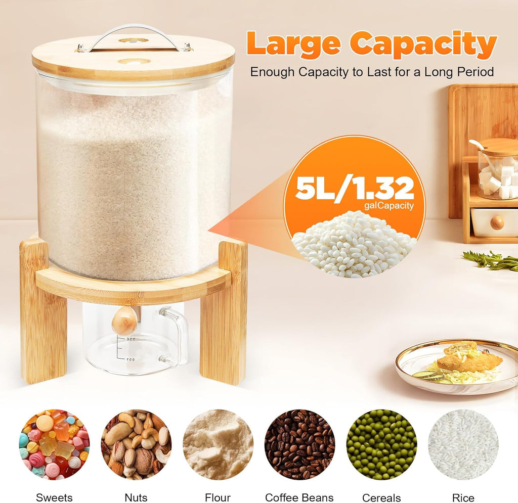 1.32gal Glass Rice Dispenser with Wooden Stand Flour and Cereal Container with Glass Measuring Cup Pantry Food Organization Storage Bin with Airtight Bamboo Lid for Coffee Beans Dry Food