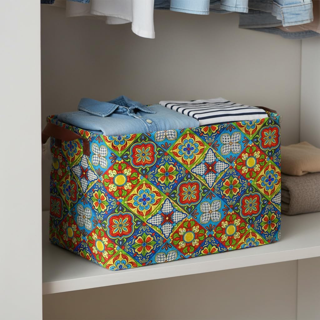 Mexican Talavera Decor Storage Basket Waterproof Canvas Toy Storage Bin Mexican Decor For Home Collapsible Outdoor Basket with Leather Handles Mexican Gifts Blanket Baskets For Closets,Bedrooms